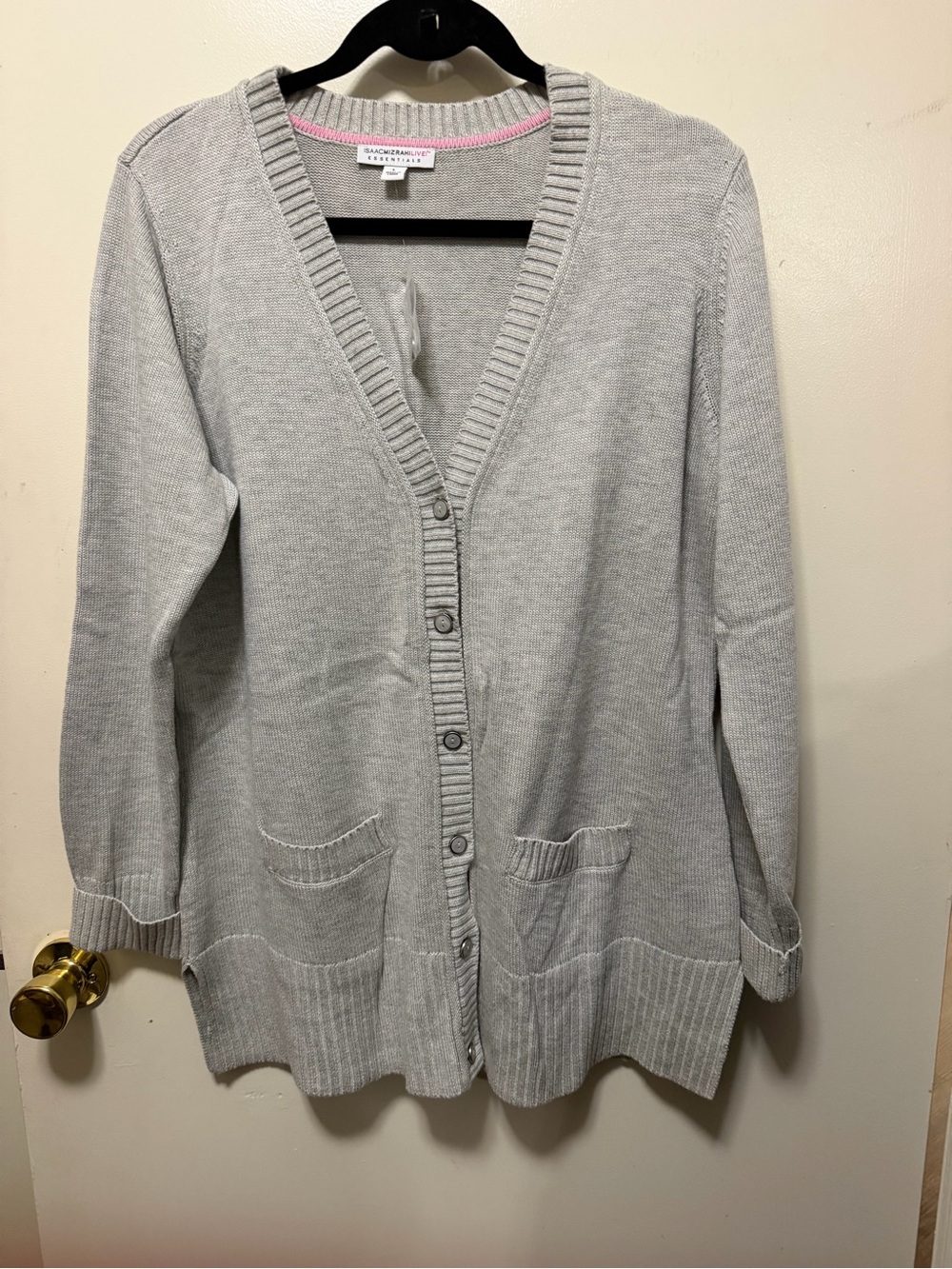 Isaac Mizrahi Light Gray Cardigan with Pink Trim